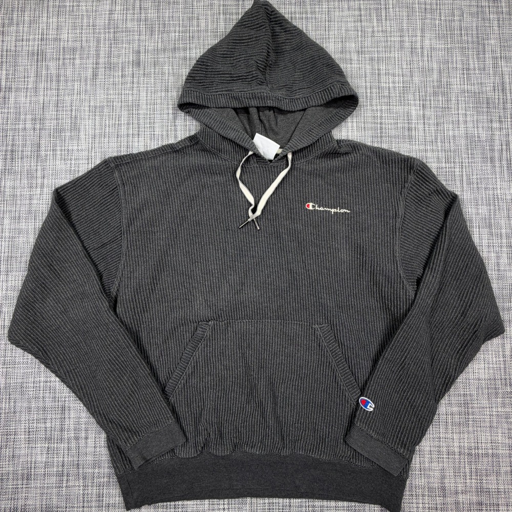 Champion Womens Campus Corded Hoodie M Gray Ribbed Cotton Blend Pullover Logo